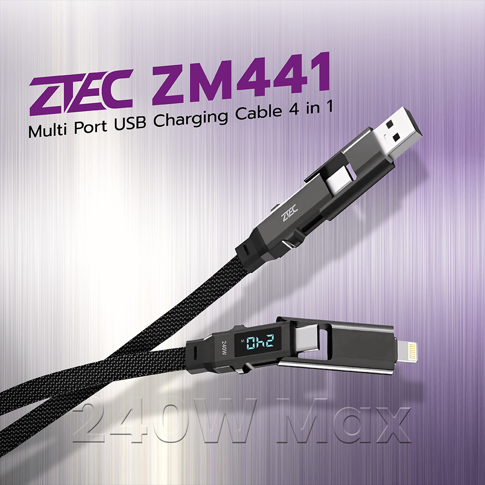 สายชาร์จไนลอนถัก ZTEC ZM441 4-IN-1 สีดำ รองรับชาร์จเร็ว 5A 240W